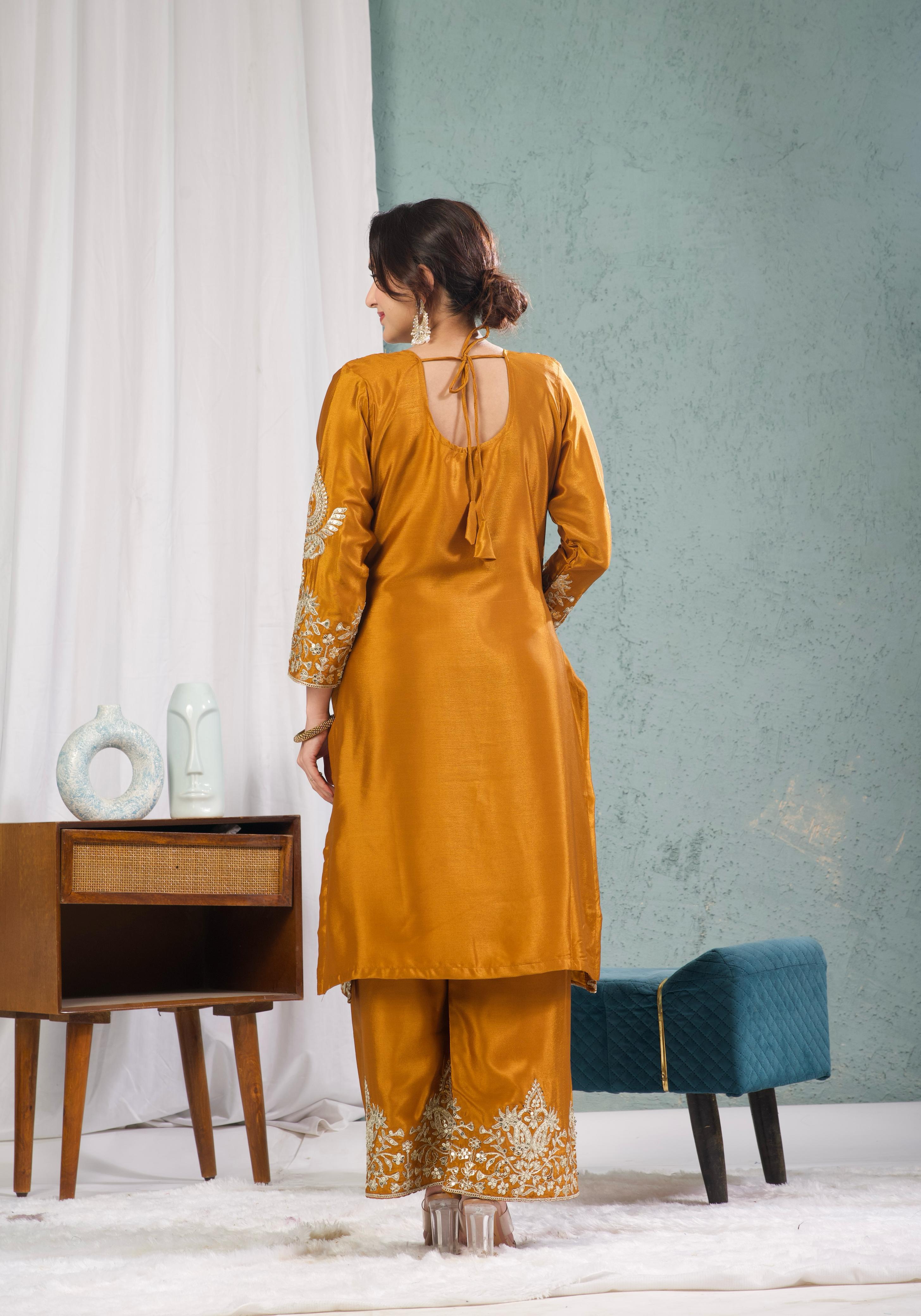 "Saanvi" Pure Chinnon Silk Embroidered Suit Set