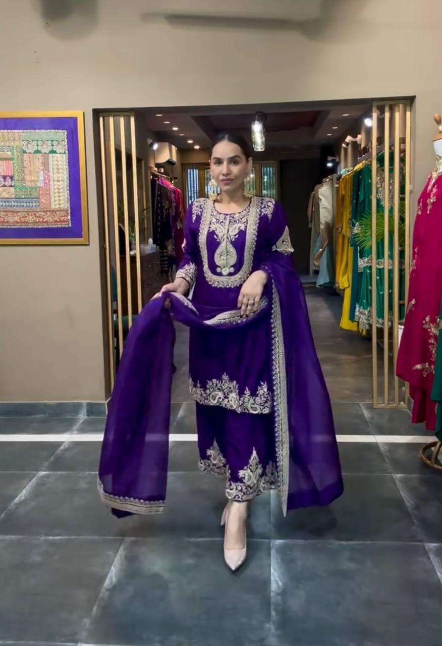 "Saanvi" Pure Chinnon Silk Embroidered Suit Set