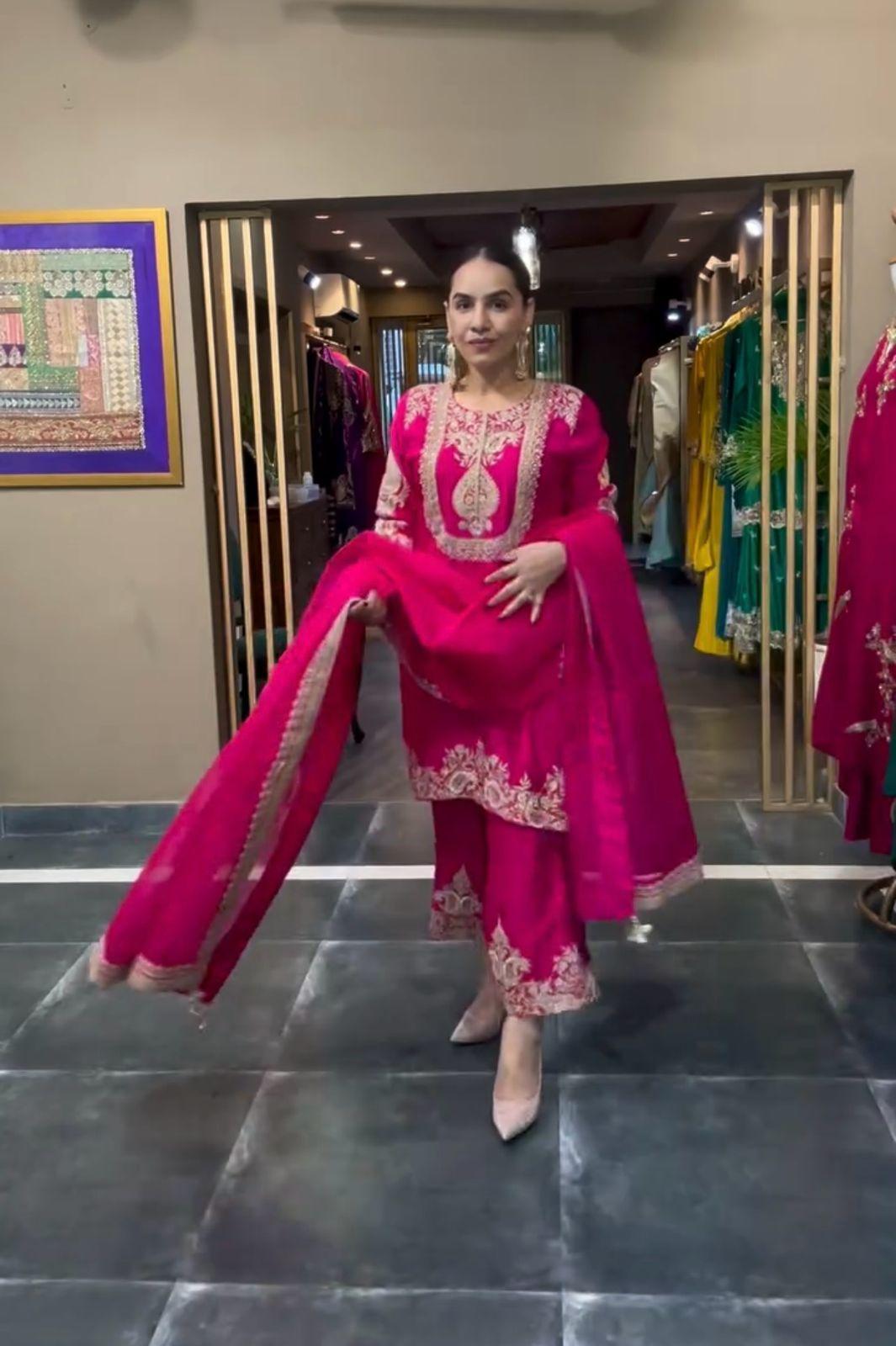 "Saanvi" Pure Chinnon Silk Embroidered Suit Set