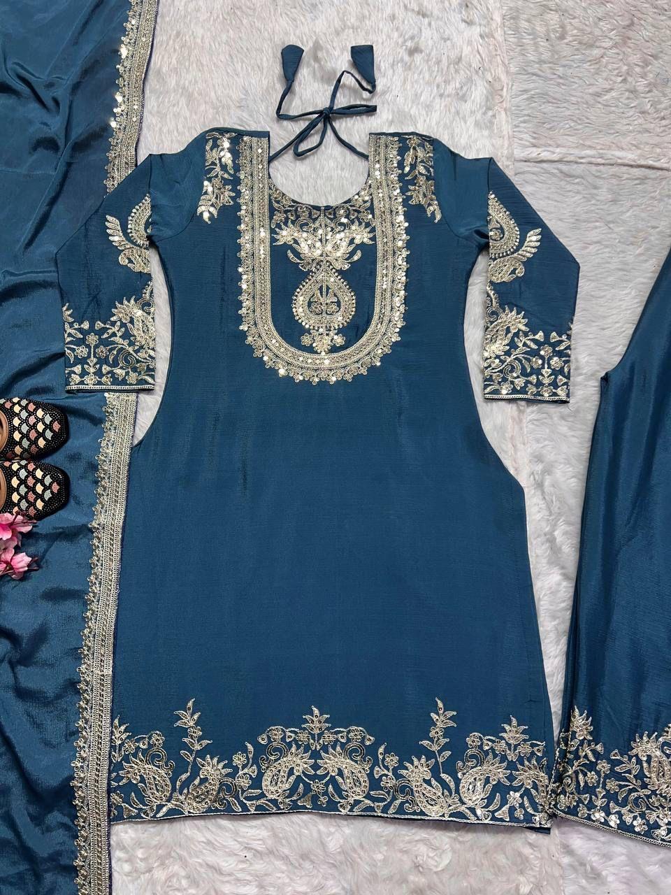 "Saanvi" Pure Chinnon Silk Embroidered Suit Set