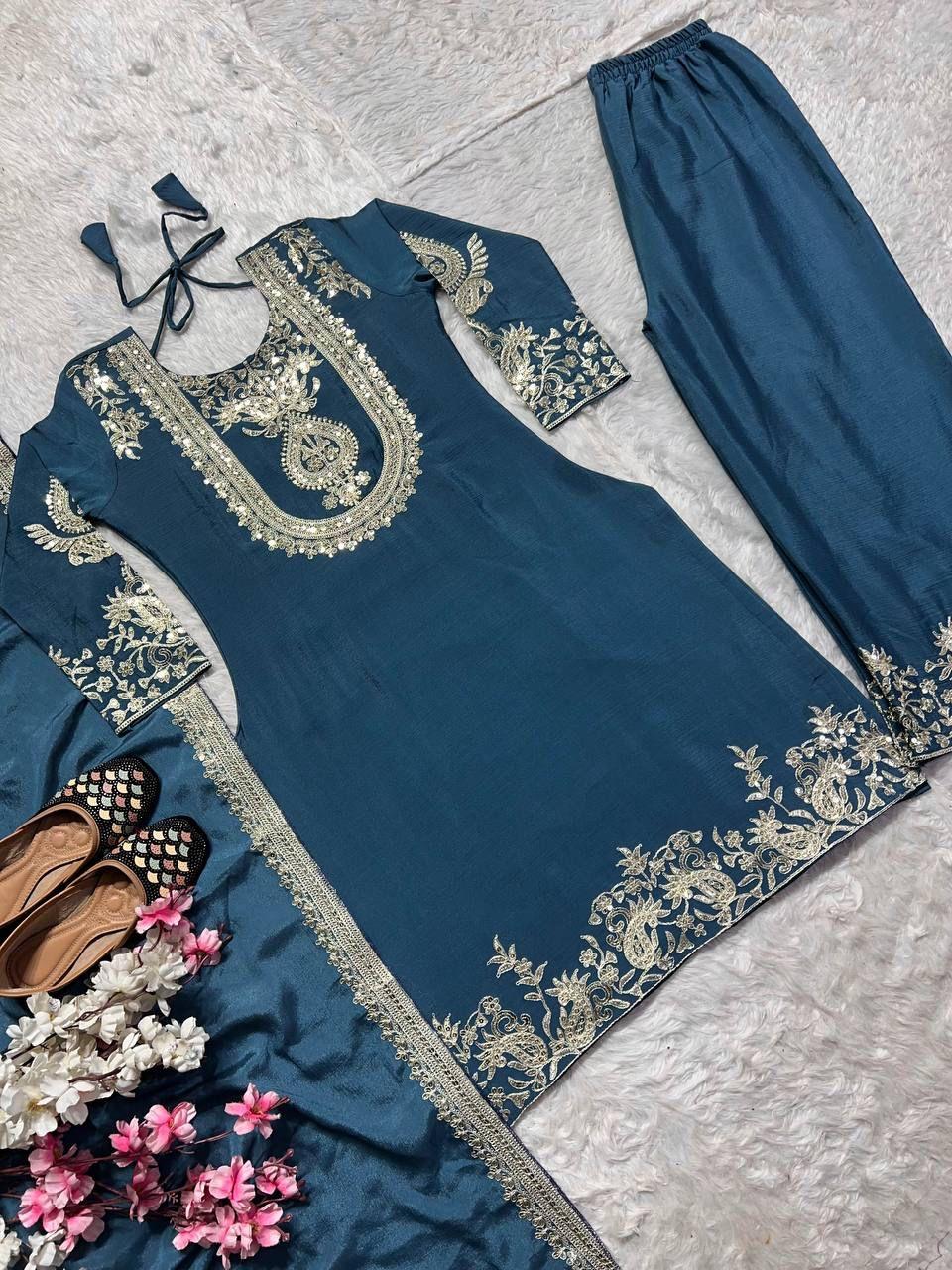 "Saanvi" Pure Chinnon Silk Embroidered Suit Set