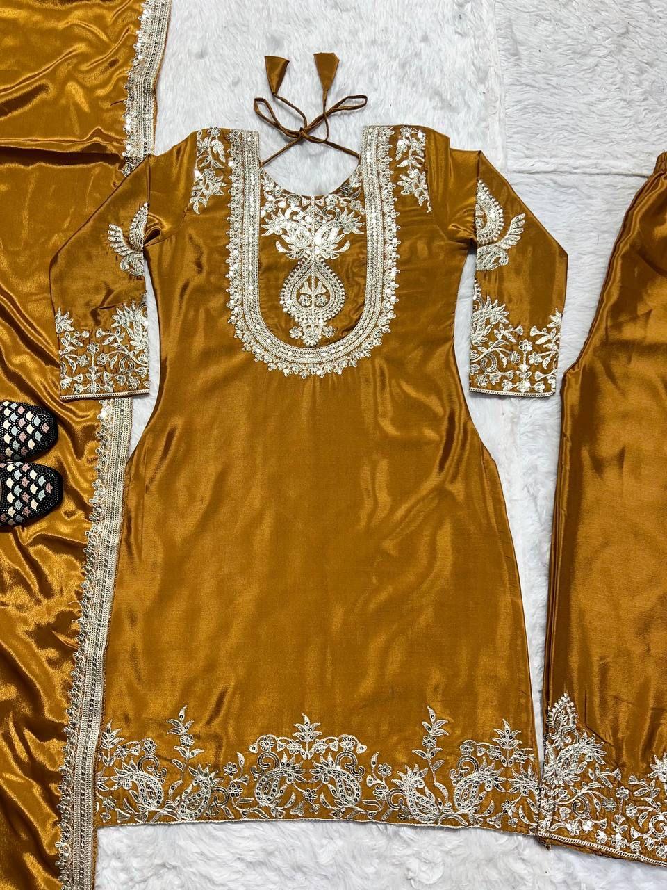 "Saanvi" Pure Chinnon Silk Embroidered Suit Set