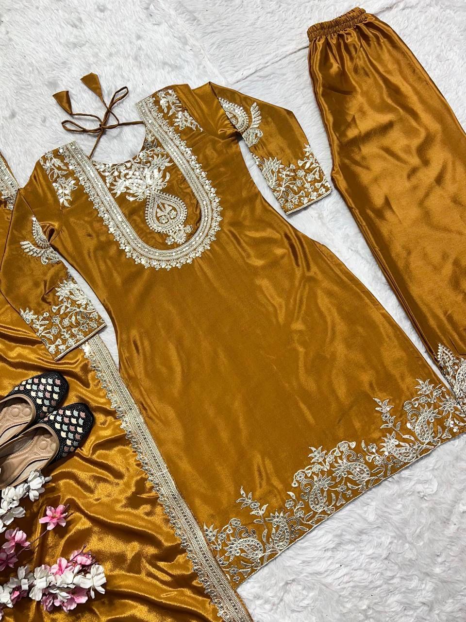 "Saanvi" Pure Chinnon Silk Embroidered Suit Set