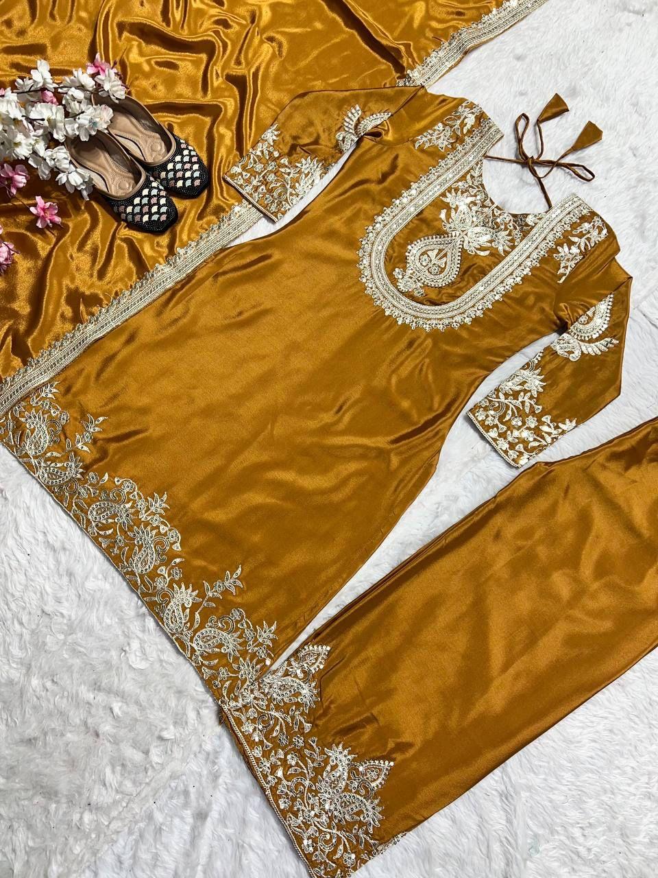 "Saanvi" Pure Chinnon Silk Embroidered Suit Set