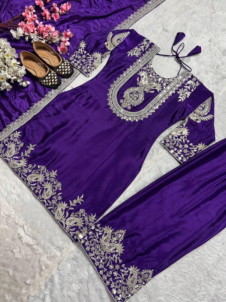 "Saanvi" Pure Chinnon Silk Embroidered Suit Set