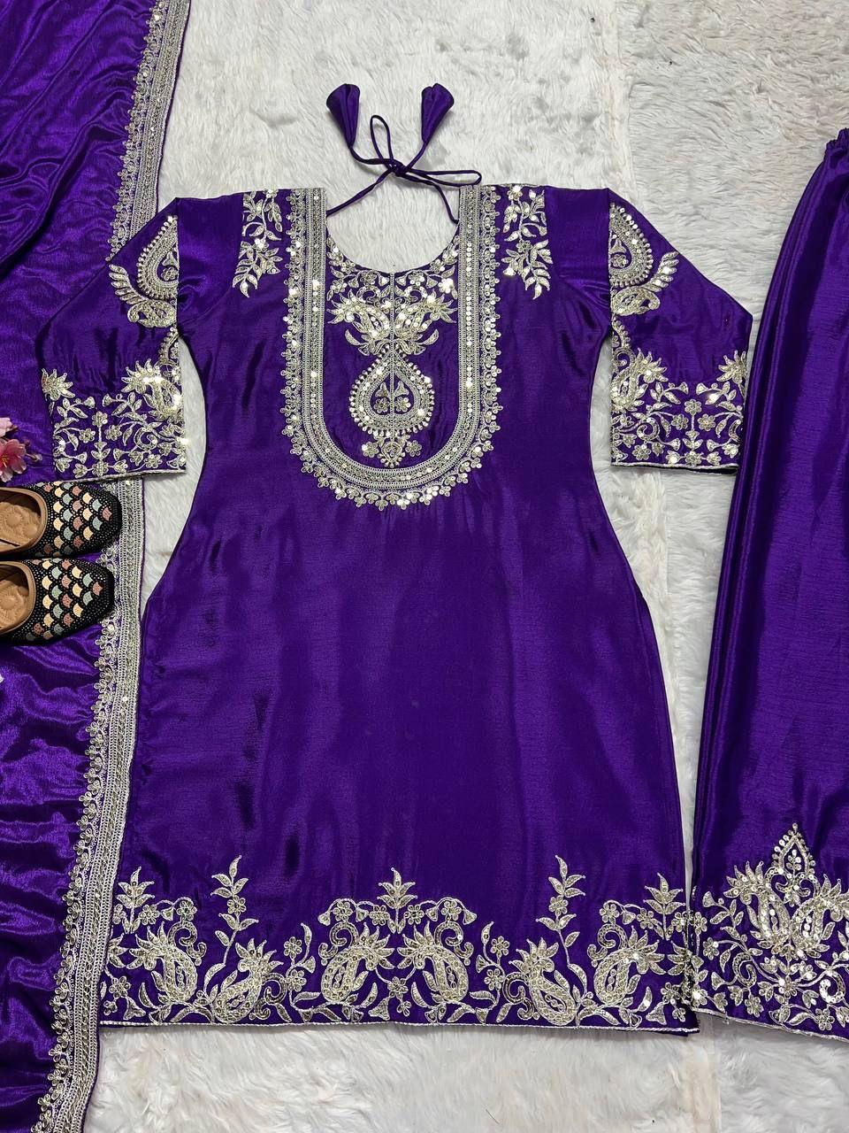 "Saanvi" Pure Chinnon Silk Embroidered Suit Set