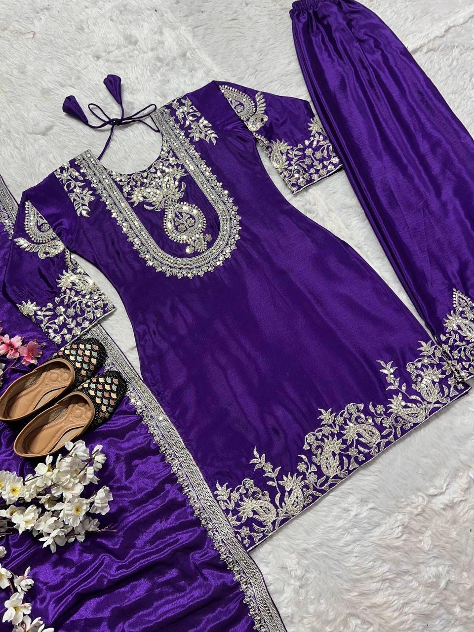 "Saanvi" Pure Chinnon Silk Embroidered Suit Set