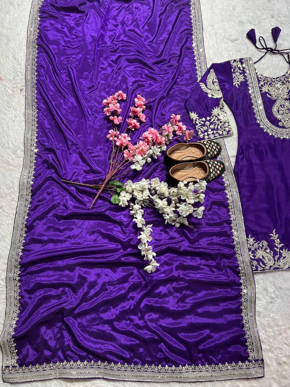 "Saanvi" Pure Chinnon Silk Embroidered Suit Set