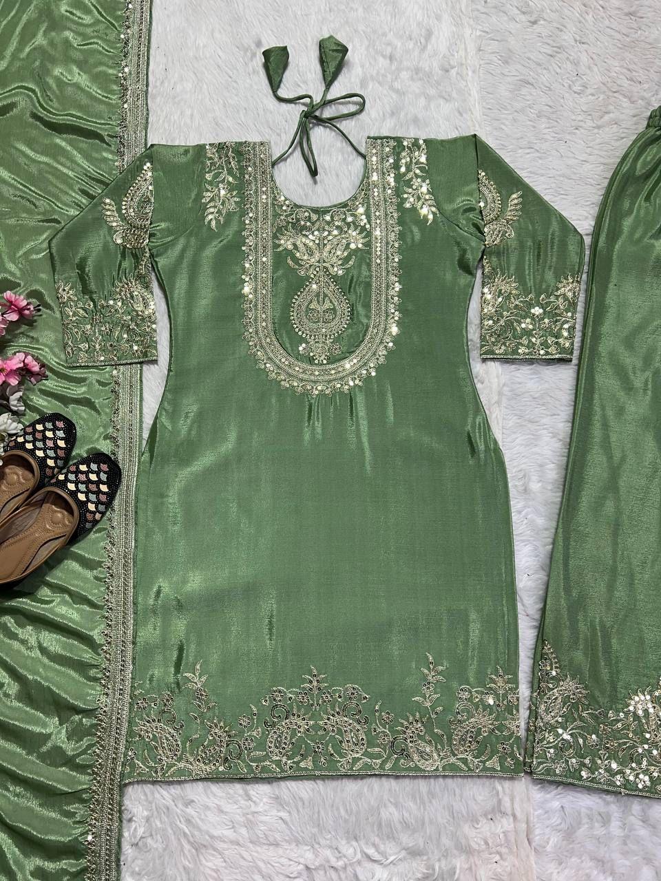 "Saanvi" Pure Chinnon Silk Embroidered Suit Set