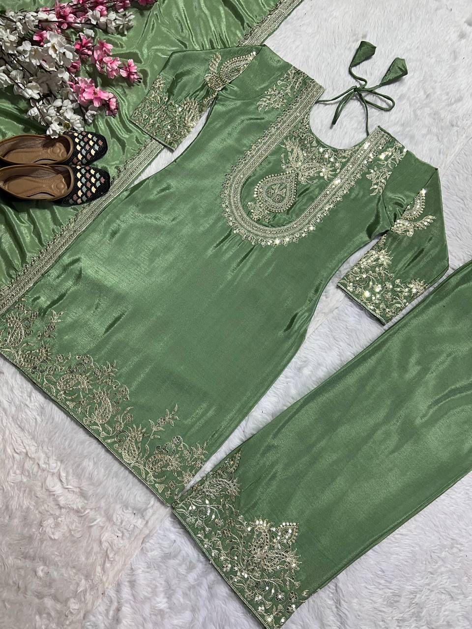 "Saanvi" Pure Chinnon Silk Embroidered Suit Set