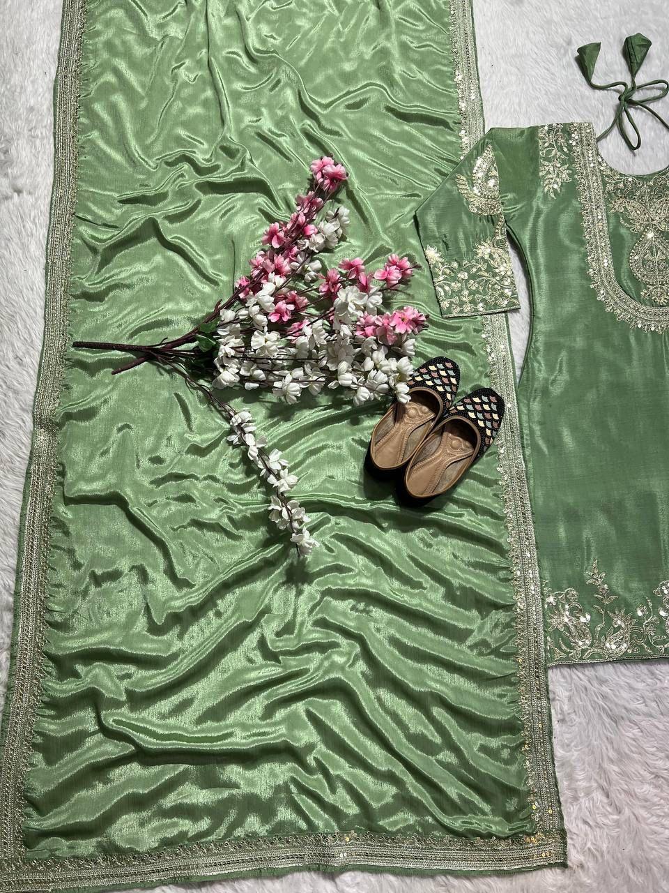 "Saanvi" Pure Chinnon Silk Embroidered Suit Set