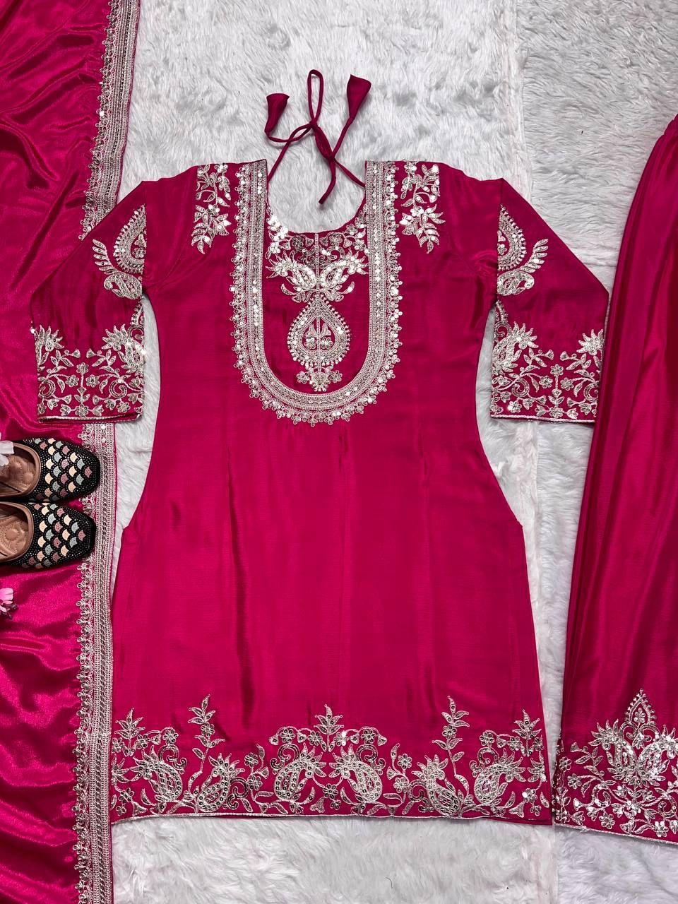 "Saanvi" Pure Chinnon Silk Embroidered Suit Set