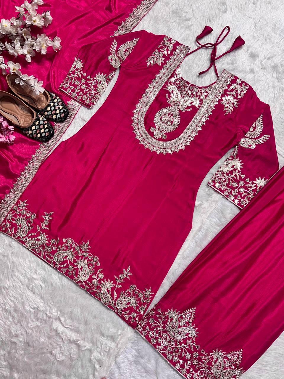 "Saanvi" Pure Chinnon Silk Embroidered Suit Set
