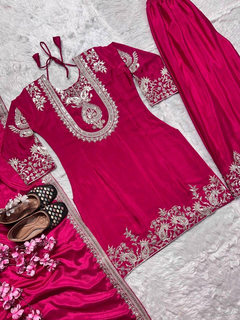 "Saanvi" Pure Chinnon Silk Embroidered Suit Set