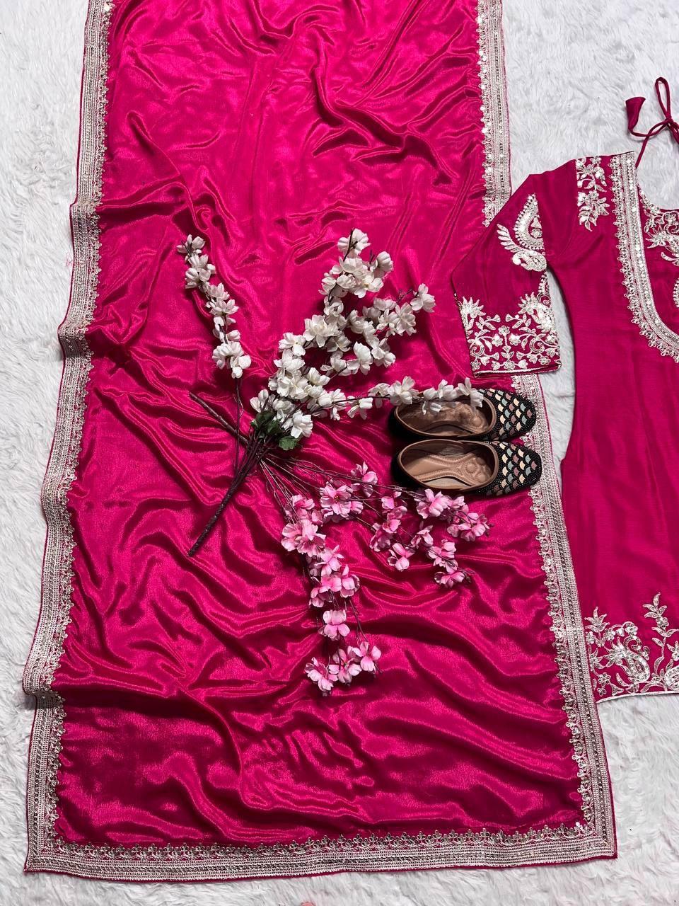 "Saanvi" Pure Chinnon Silk Embroidered Suit Set