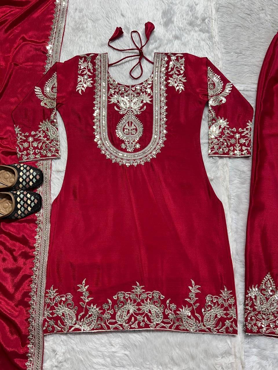 "Saanvi" Pure Chinnon Silk Embroidered Suit Set