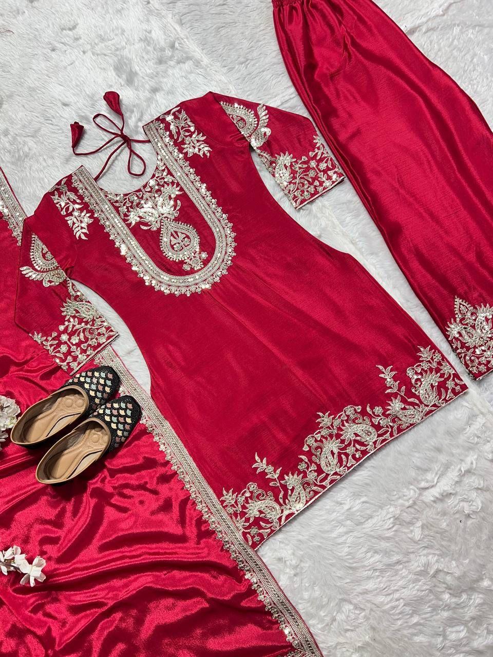 "Saanvi" Pure Chinnon Silk Embroidered Suit Set
