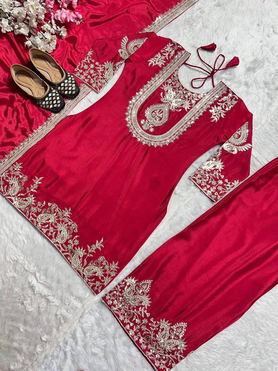 "Saanvi" Pure Chinnon Silk Embroidered Suit Set