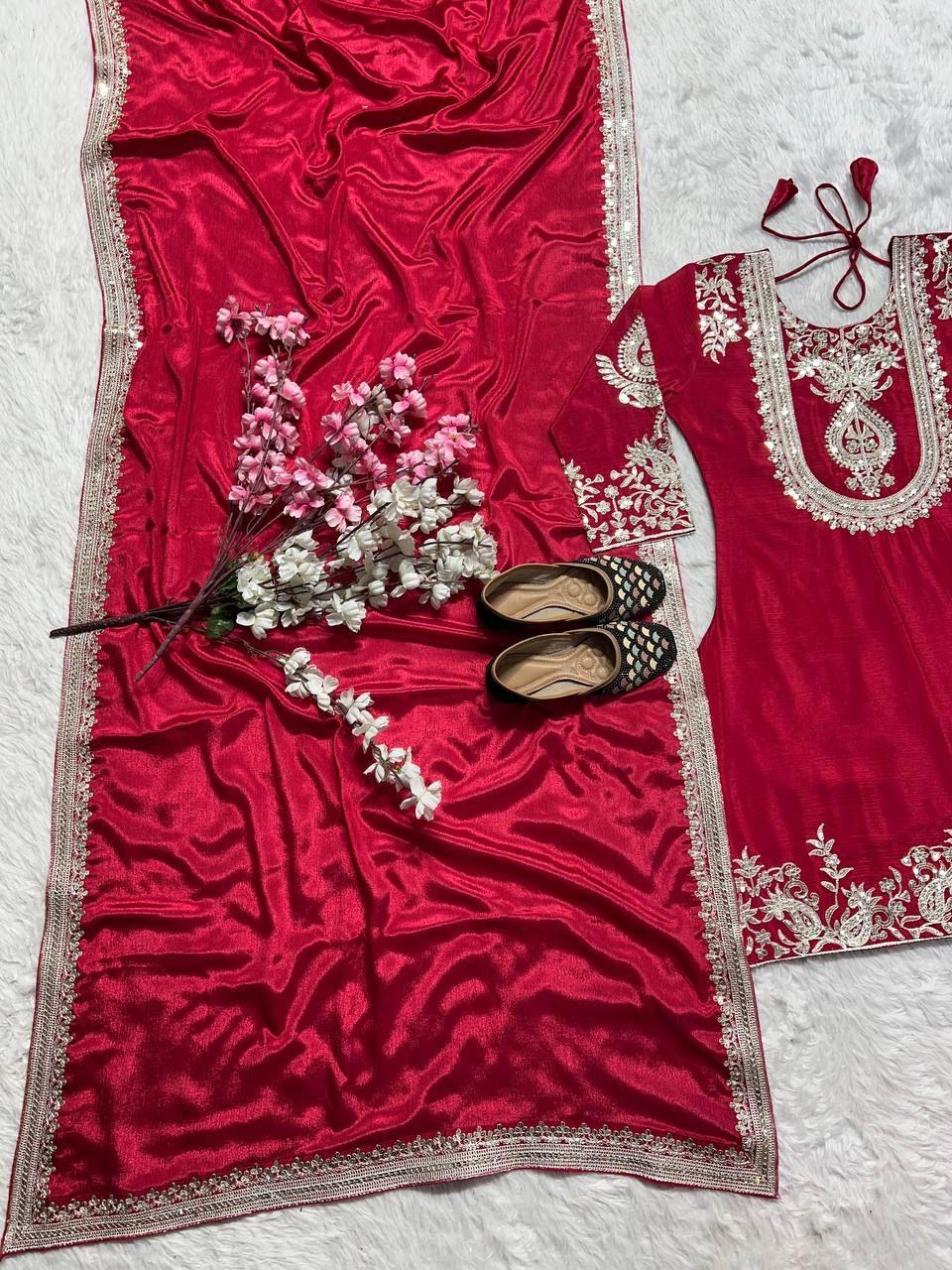 "Saanvi" Pure Chinnon Silk Embroidered Suit Set