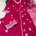 “RAASHA Deep Blue & Maroon Embroidered Chanderi Silk 3‑Piece Suit Set – Cotton‑Lined Kurti, Palazzo & Dupatta”