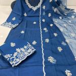 “RAASHA Deep Blue & Maroon Embroidered Chanderi Silk 3‑Piece Suit Set – Cotton‑Lined Kurti, Palazzo & Dupatta”