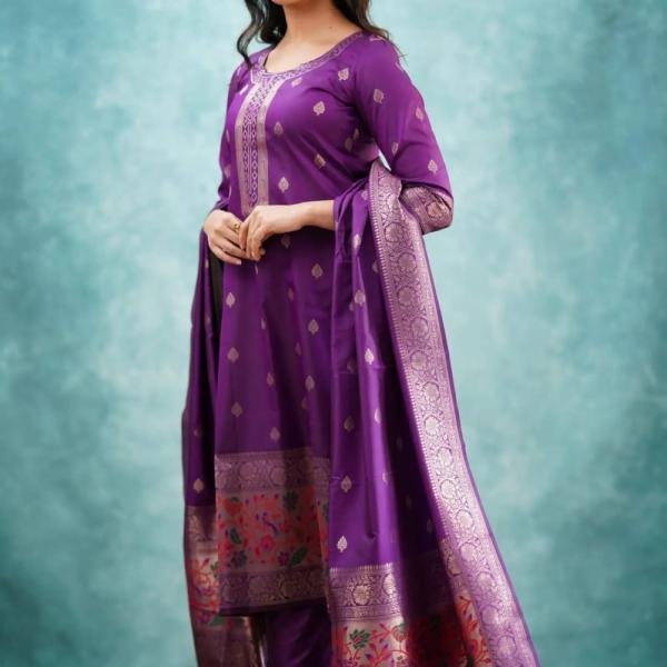 💜 Sanvi – Purple Blended Paithani Silk Salwar Set 🌧️