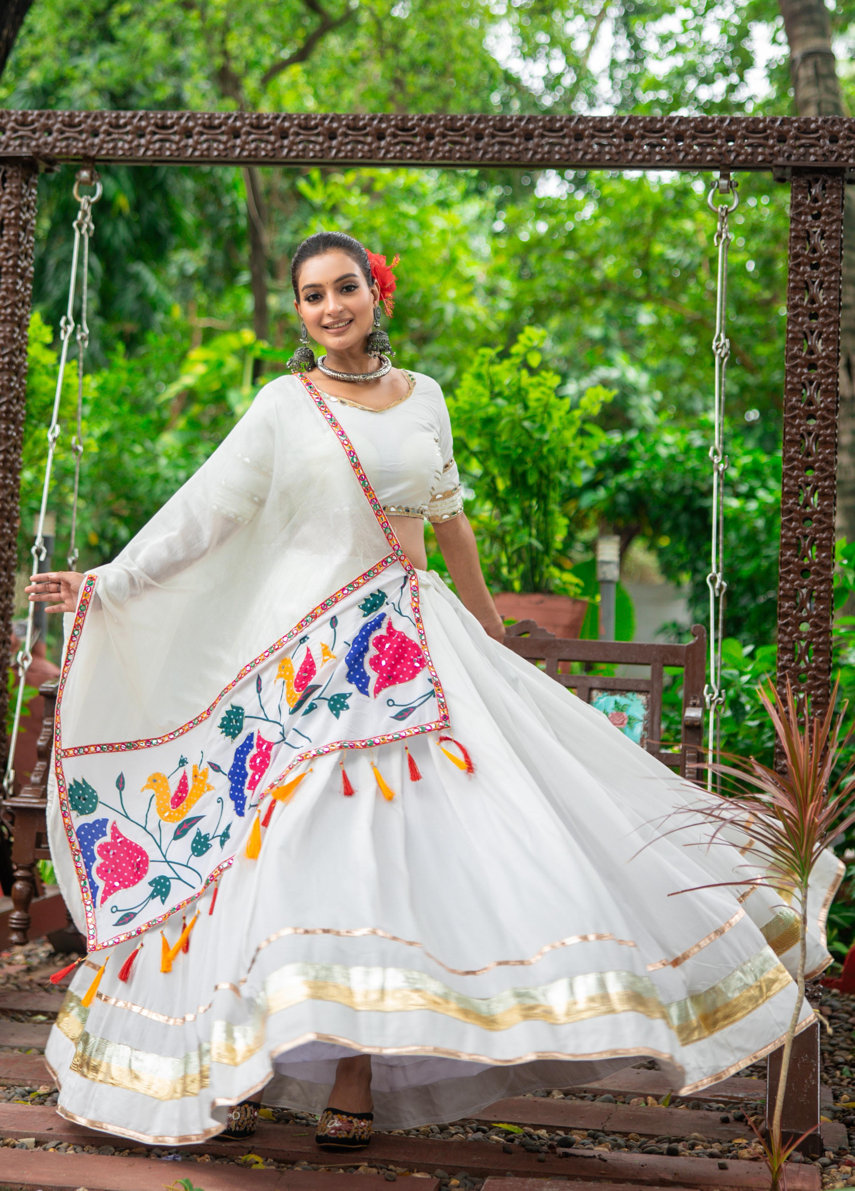 White Chaniya Choli Set – Pure Cotton with Gota Patti & Mirror Work