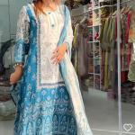 Berry Silk Suit Set – Teal Blue & Ivory with Hand Mirror Work