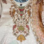 Russian Crepe Kurti Pant Dupatta Set – Beige with Hand Embroidery