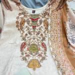 Russian Crepe Kurti Pant Dupatta Set – Beige with Hand Embroidery