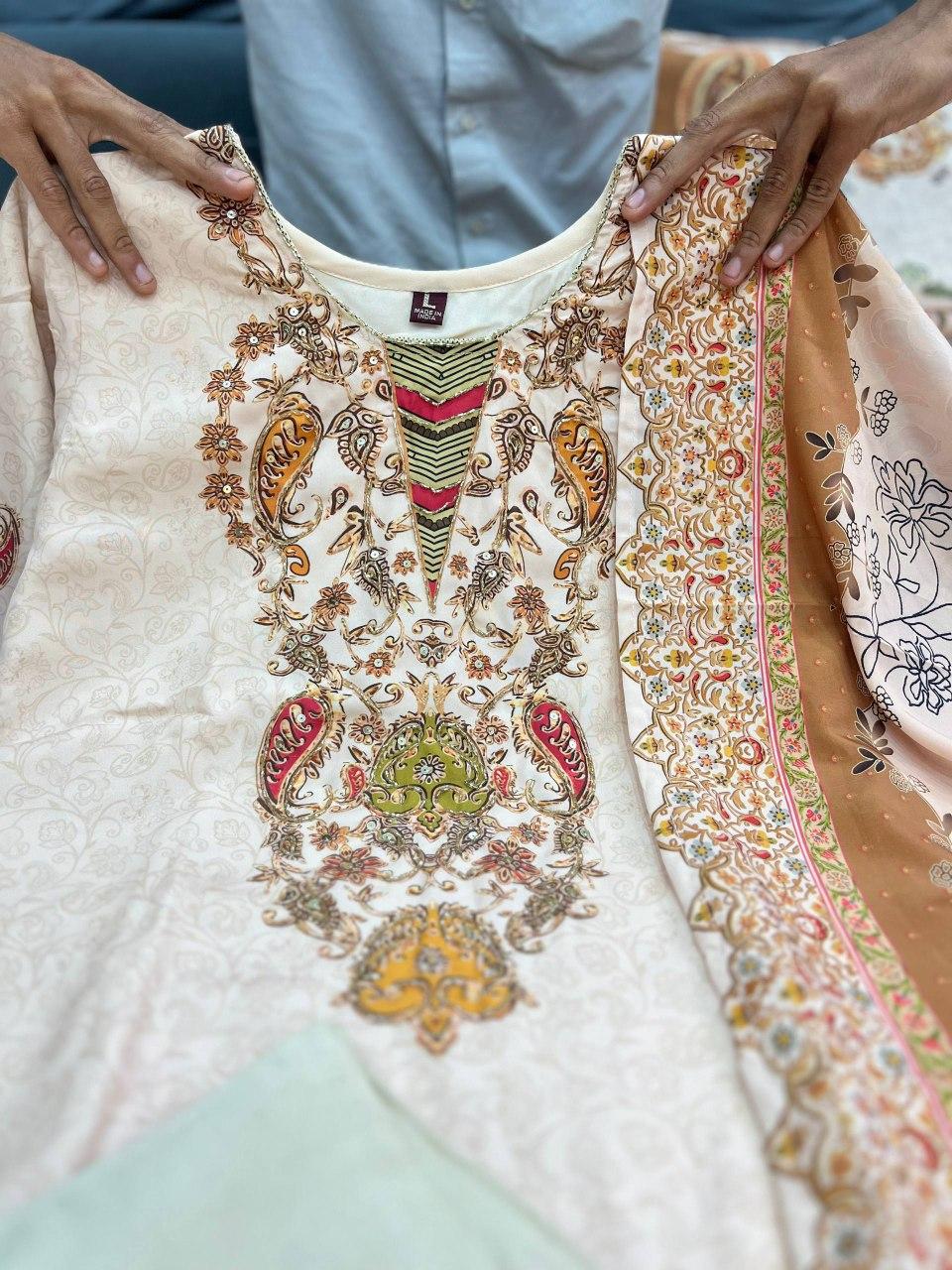 Russian Crepe Kurti Pant Dupatta Set – Beige with Hand Embroidery