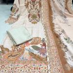 Russian Crepe Kurti Pant Dupatta Set – Beige with Hand Embroidery