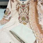 Russian Crepe Kurti Pant Dupatta Set – Beige with Hand Embroidery