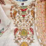 Russian Crepe Kurti Pant Dupatta Set – Beige with Hand Embroidery