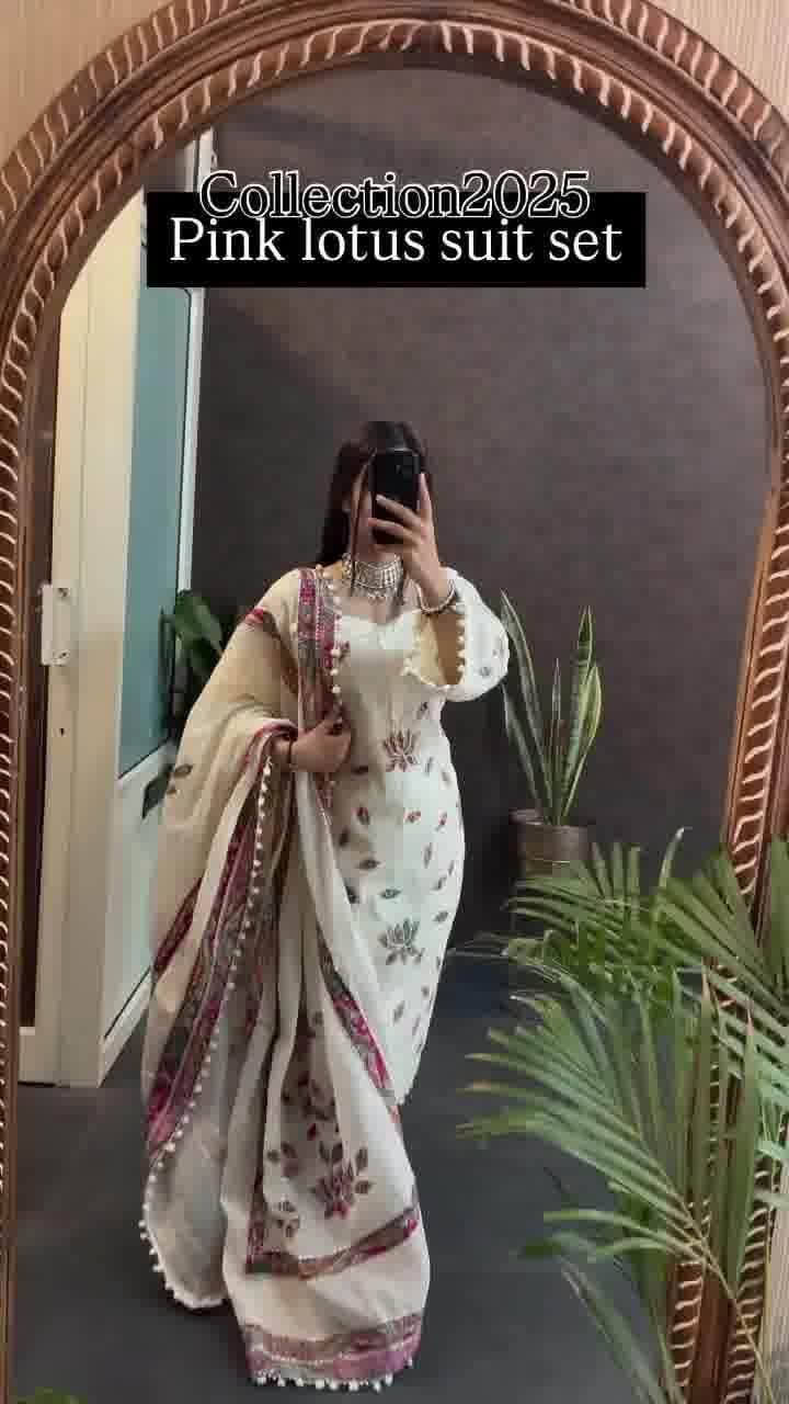 Pink Lotus Mul Chanderi Suit Set with Dupatta & Pearl Mala