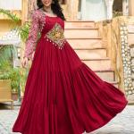 Kutchi Gamthi Navratri Gown – 14kg Rayon with Embroidery & Cotton Print (Maroon & Black)