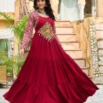 Kutchi Gamthi Navratri Gown – 14kg Rayon with Embroidery & Cotton Print (Maroon & Black)