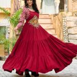 Kutchi Gamthi Navratri Gown – 14kg Rayon with Embroidery & Cotton Print (Maroon & Black)