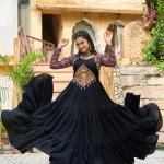 Kutchi Gamthi Navratri Gown – 14kg Rayon with Embroidery & Cotton Print (Maroon & Black)