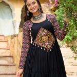 Kutchi Gamthi Navratri Gown – 14kg Rayon with Embroidery & Cotton Print (Maroon & Black)