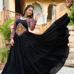 Kutchi Gamthi Navratri Gown – 14kg Rayon with Embroidery & Cotton Print (Maroon & Black)