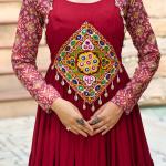 Kutchi Gamthi Navratri Gown – 14kg Rayon with Embroidery & Cotton Print (Maroon & Black)