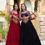 Kutchi Gamthi Navratri Gown – 14kg Rayon with Embroidery & Cotton Print (Maroon & Black)