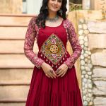 Kutchi Gamthi Navratri Gown – 14kg Rayon with Embroidery & Cotton Print (Maroon & Black)