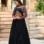 Kutchi Gamthi Navratri Gown – 14kg Rayon with Embroidery & Cotton Print (Maroon & Black)