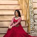 Kutchi Gamthi Navratri Gown – 14kg Rayon with Embroidery & Cotton Print (Maroon & Black)