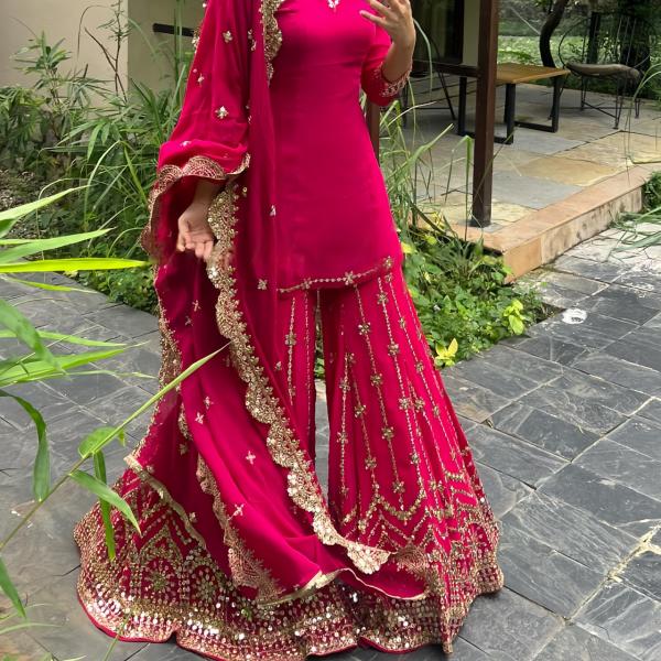 GlamAura Georgette Flairy Sharara Set with 7mm Sequins & Zari Work – Fully Stitched