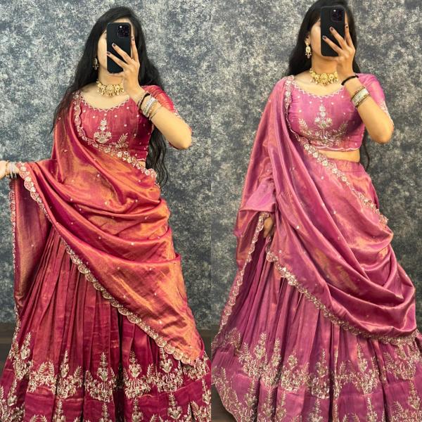 “Festive Elegance South Tissue Embroidered Lehenga Set – Wine & Lavender Edition”