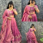 “Festive Elegance South Tissue Embroidered Lehenga Set – Wine & Lavender Edition”