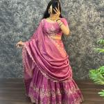 “Festive Elegance South Tissue Embroidered Lehenga Set – Wine & Lavender Edition”